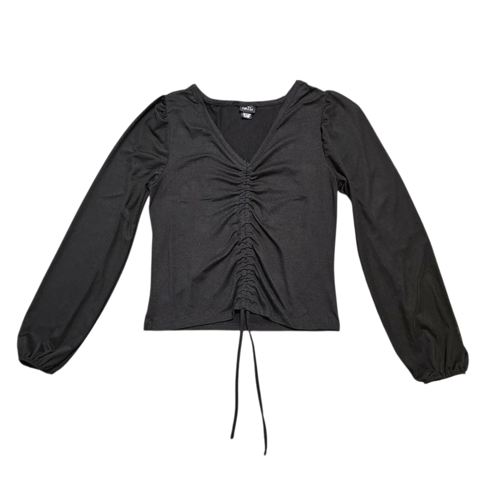 Y2K Black Ruched Tie Mesh Sleeve Top Sheer Long Sleeve Clubwear Sz L Baddie - Picture 6 of 16